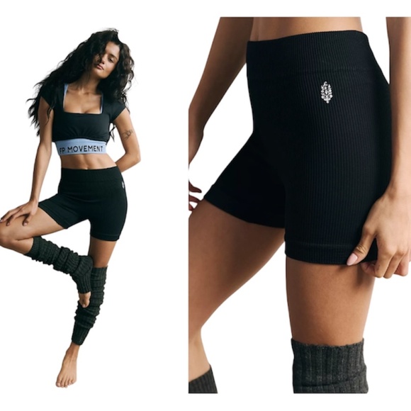NWT Free People Movement Happiness Runs Prajna black ribbed 4' bike shorts XS/S - Picture 1 of 13